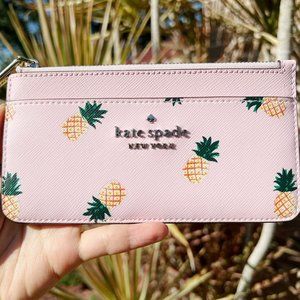 Kate Spade Bing Large Slim Pineapple Printed Pink Multi Card Holder Wallet Case